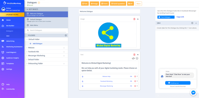 welcome dialogue - mobilemonkey