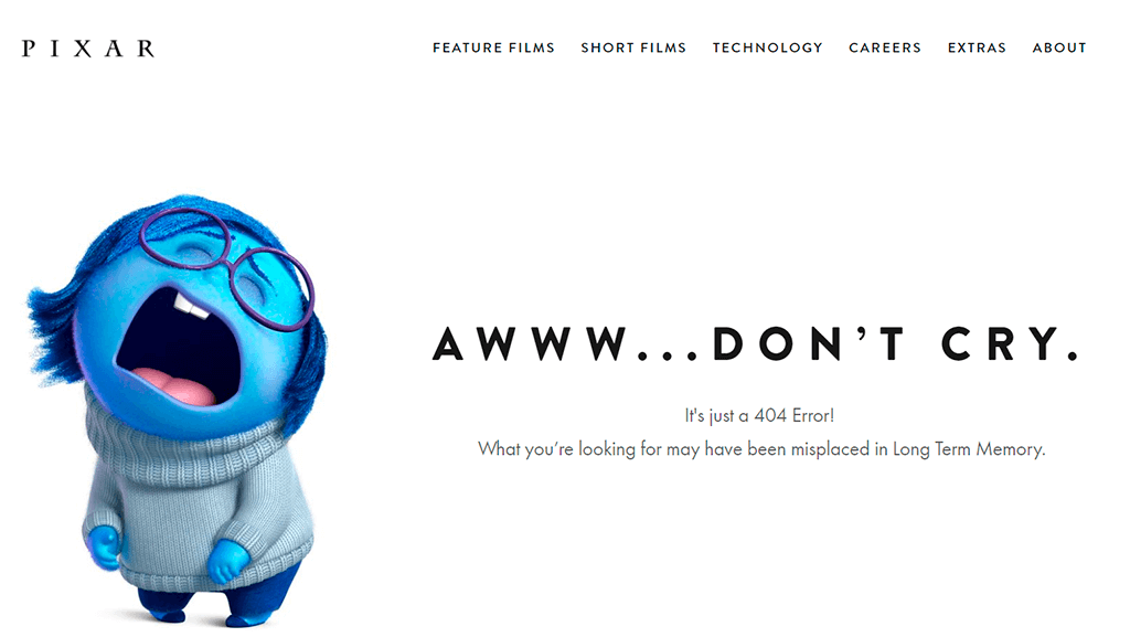 pixar's cute 'page not found' page showing a sad/crying cartoon.