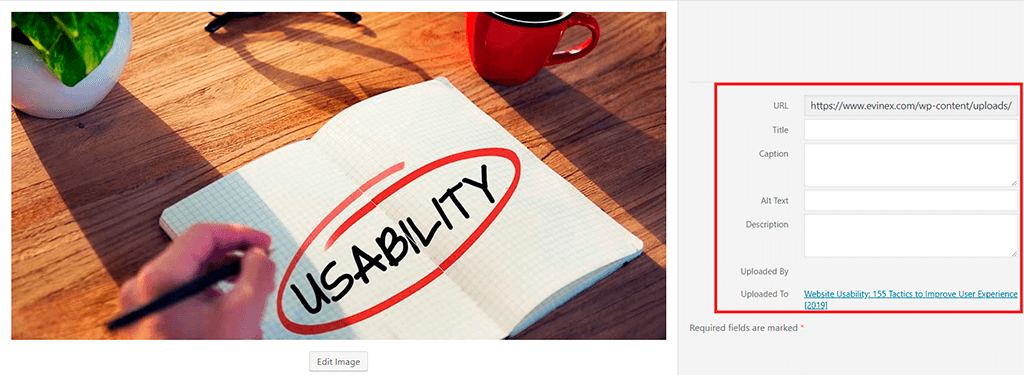 wordpress media edition form where you can add media title, caption, alt-text and description.
