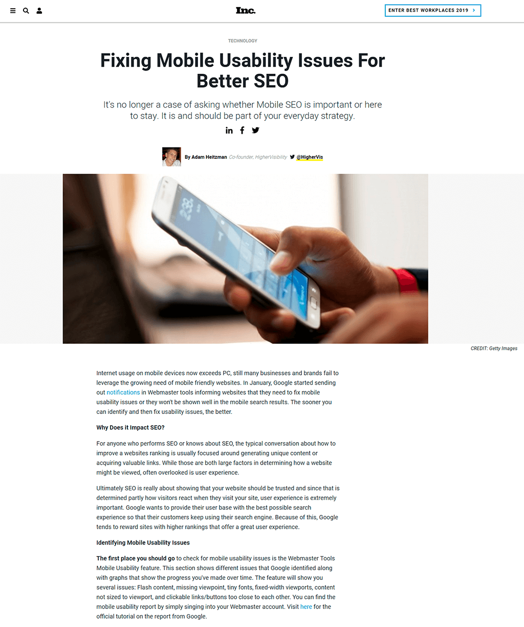 inc. website article about fixing mobile usability issues for better seo. showing title, image and content.