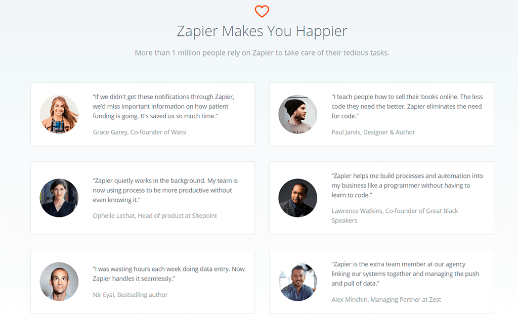 zapier website screenshot. testimonials page showing six testimonials of happy customers.