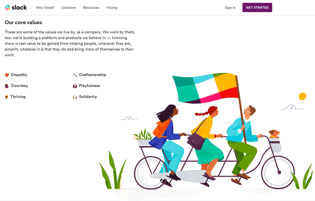 slack website screenshot showing custom graphics. illustration of people riding a tandem bicycle