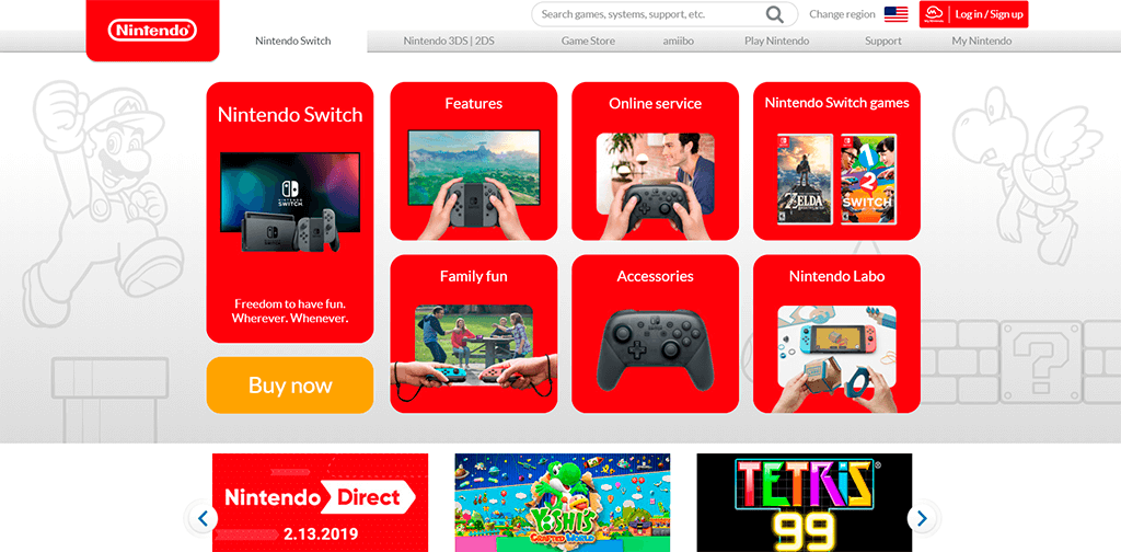 nintendo website screenshot showing an excellent navigation menu. ux friendly.