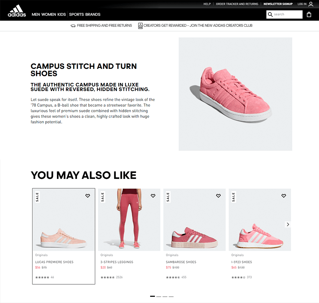 adidas product page example showing pink women sport shoes and recommended products.