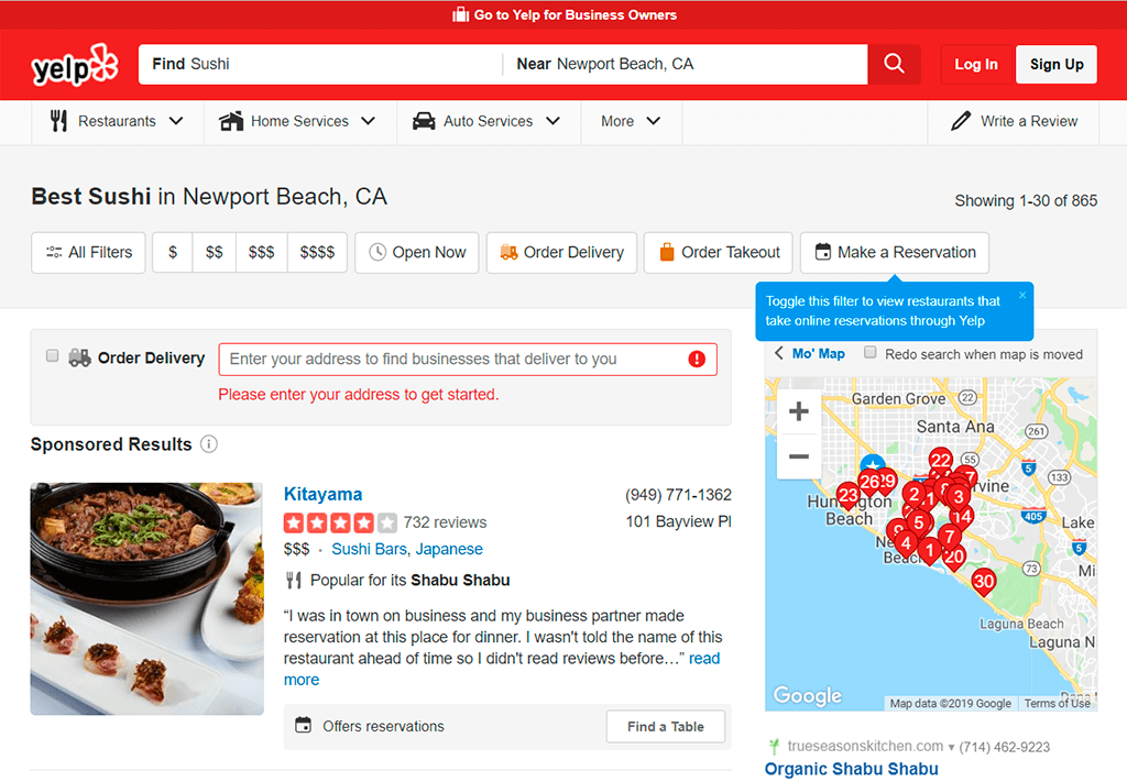 yelp search results for keyword: sushi. showing search results both in a list and in a map. great example of search usability.