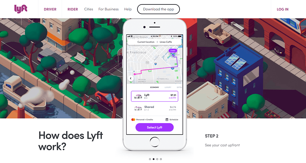 lyft website screenshot as an example of great user interface.