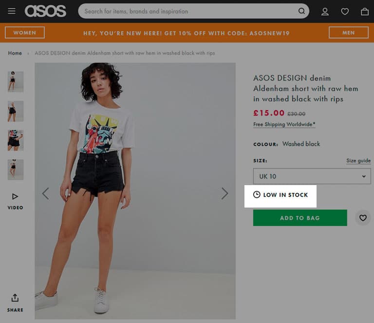 product on asos showing a low in stock message