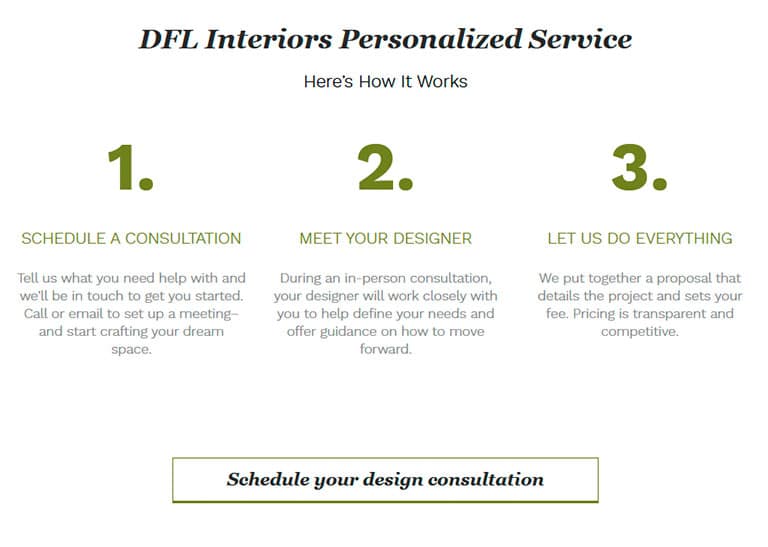 promotion strategy business plan example call to action example seen on dfl interiors website