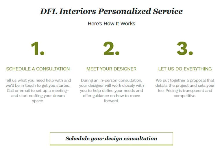 call to action example seen on dfl interiors website