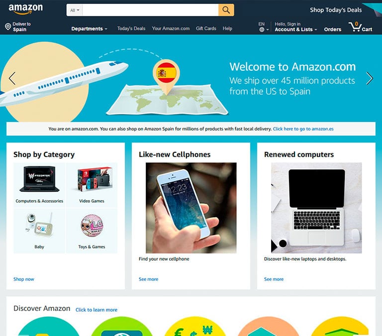 amazon home page showing featured products