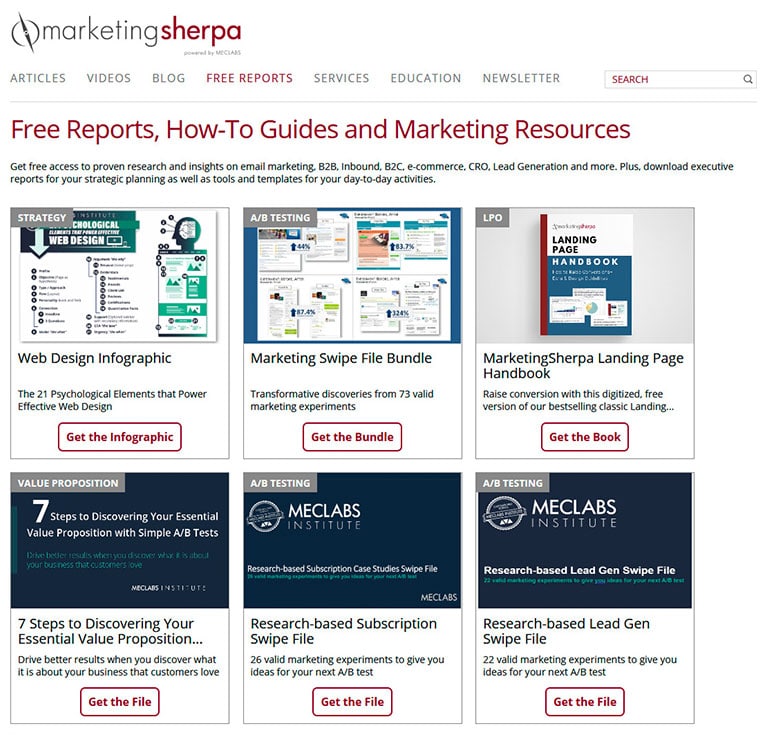 marekting sherpa website showing free reports for download