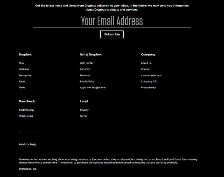 dropbox website footer showing a subscribe form