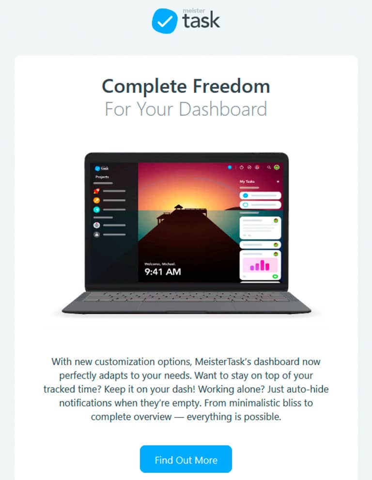 meistertask email with product features and call to action
