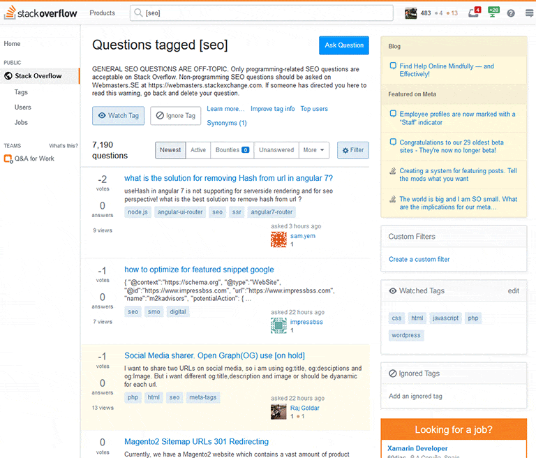 questions tagged as seo from stack overflow