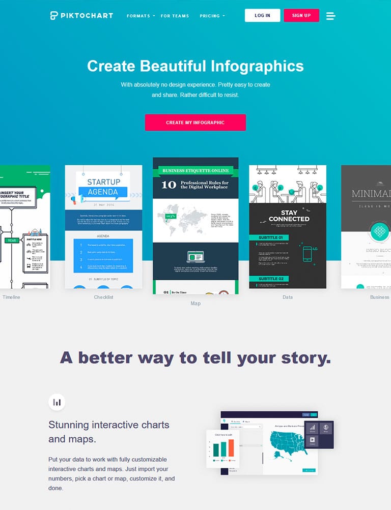 piktochart homepage showing some infographics