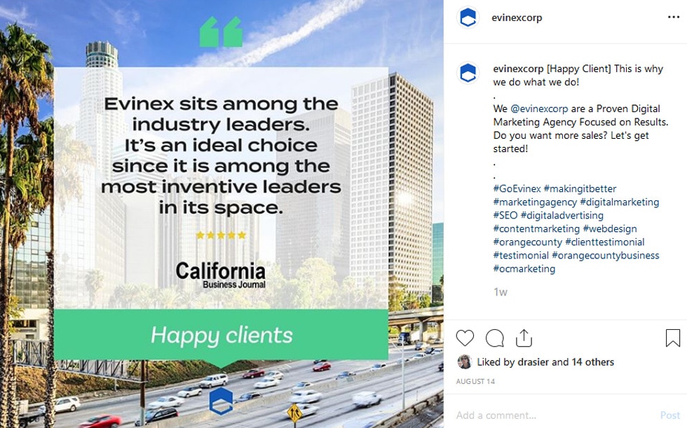 evinex's instagram post showing a california business journal testimonial and location hashtags