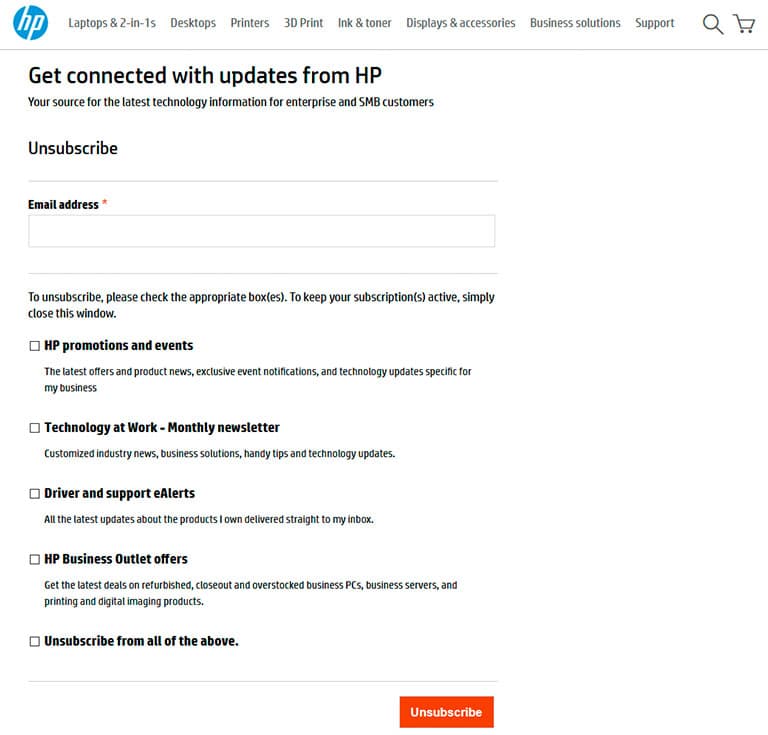hp unsuscribe form