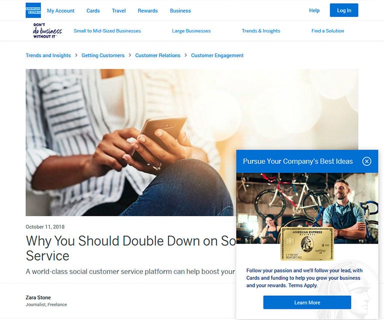 american express customer engagement page showing a pop up on the corner