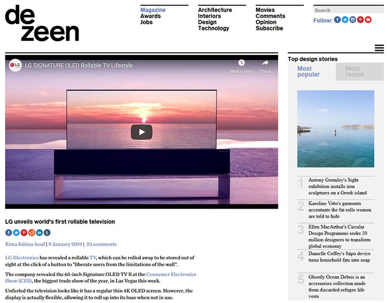 dezeen press release featuring new lg smart tv