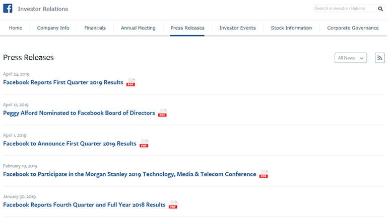 facebook investor relations press releases list