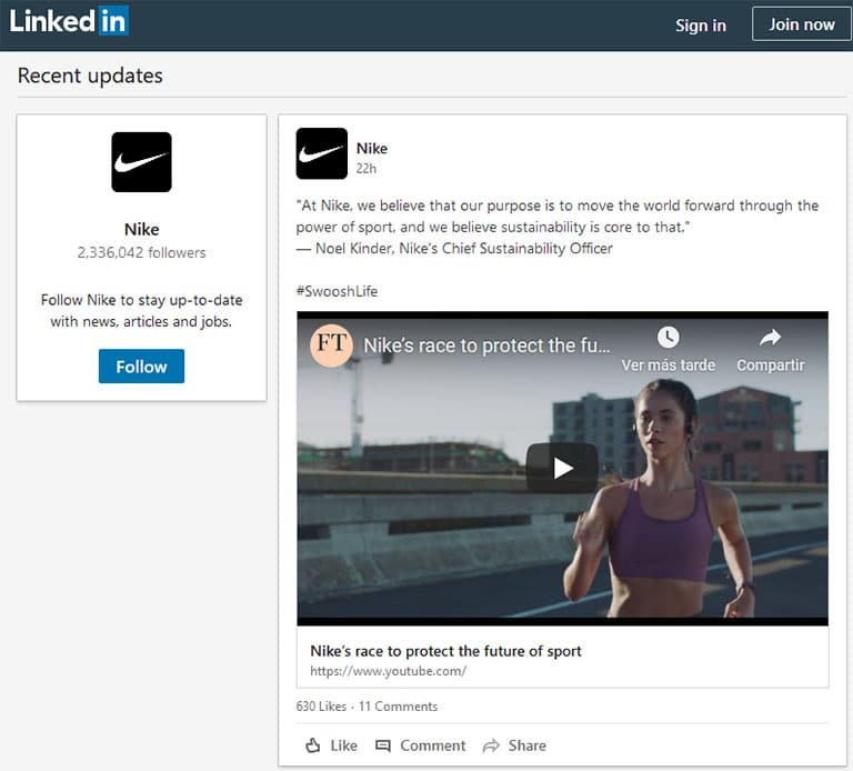 nike company profile feed showing a shared video