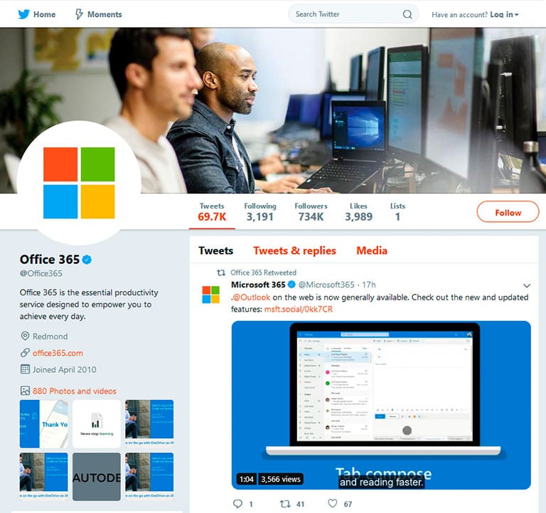 office 365 twitter profile and feed