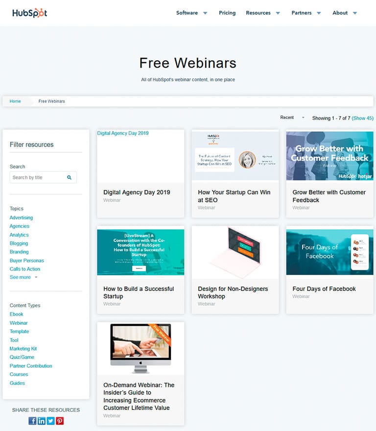 hubspot free webinars page