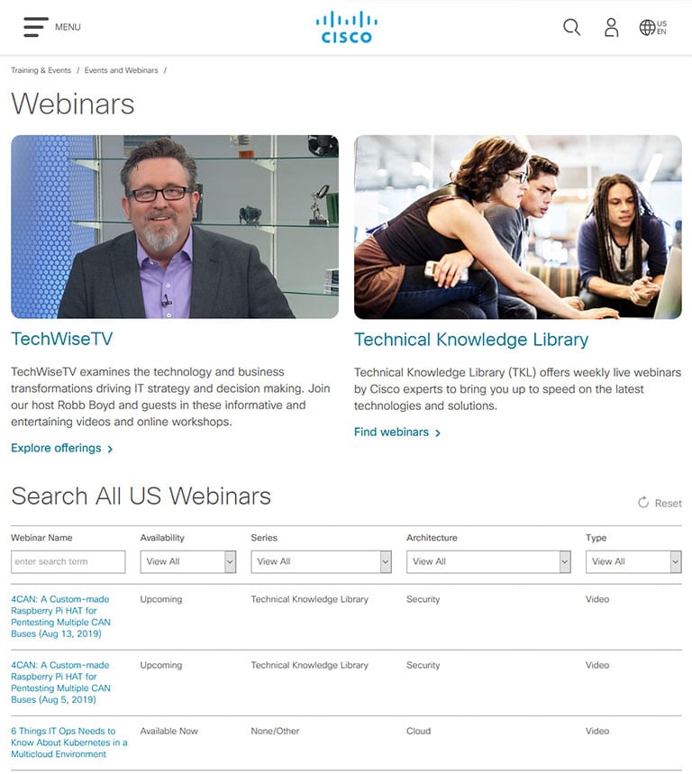 cisco training events and webinars page