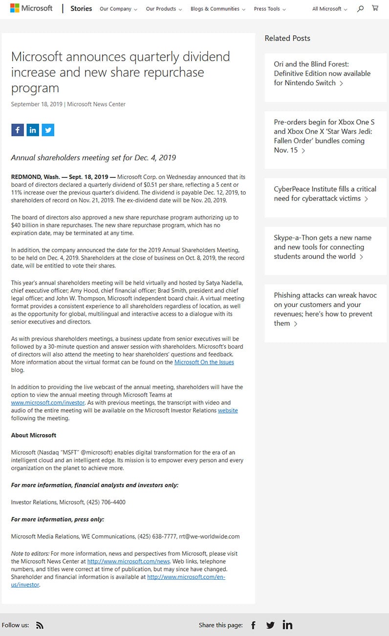 screenshot of microsoft's press release