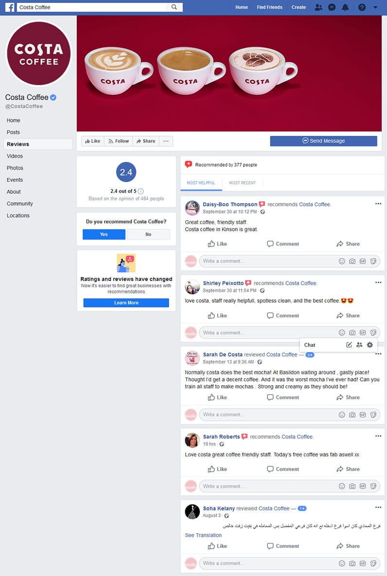 costa coffee facebook reviews screenshot