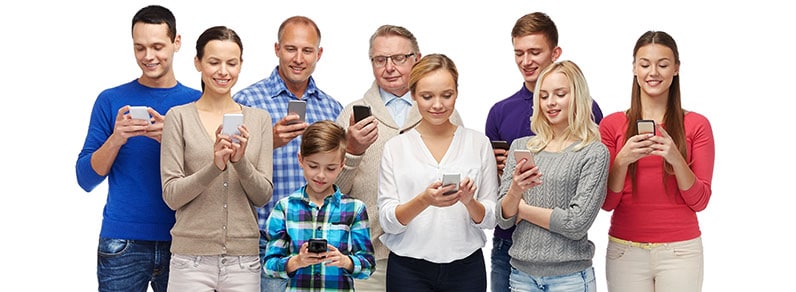 diverse group of people using smartphones