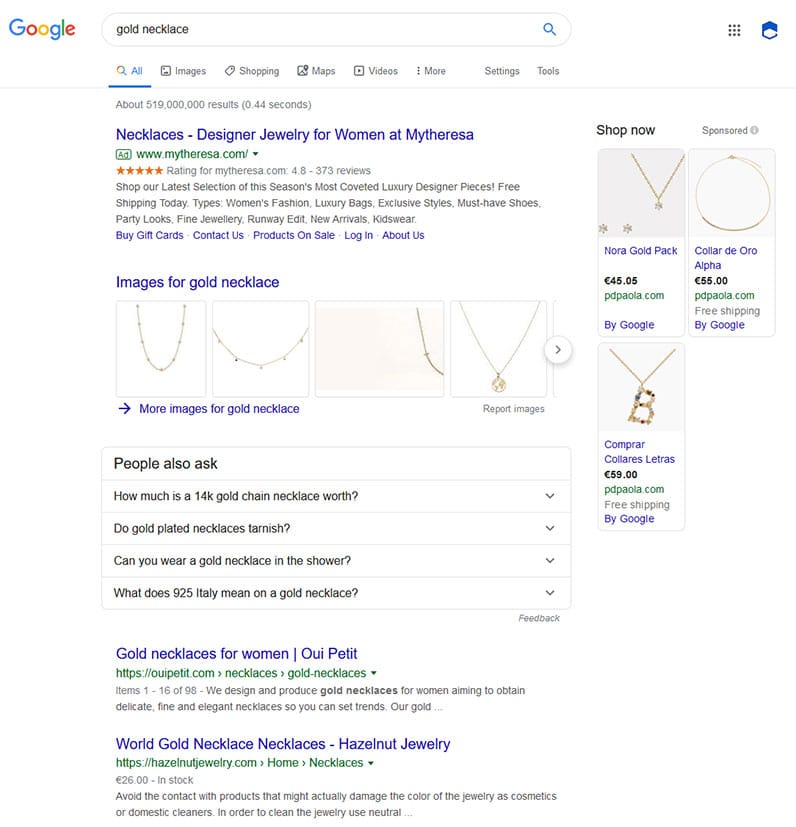 google first page of results gold necklace screenshot