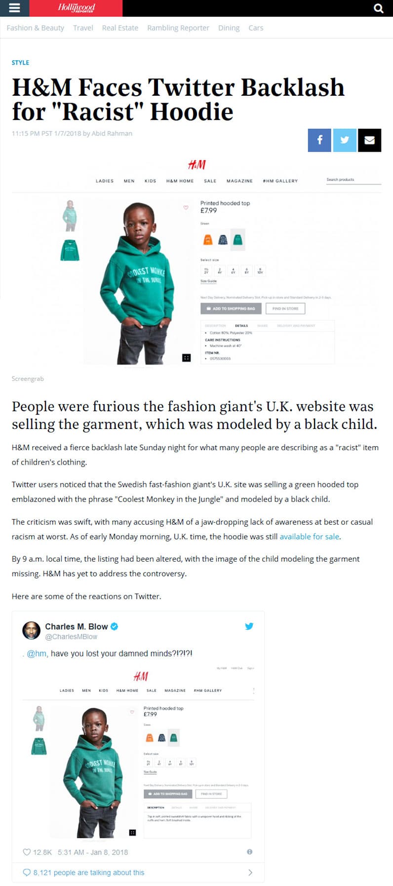 h&m twitter backlash hollywood reporter screenshot