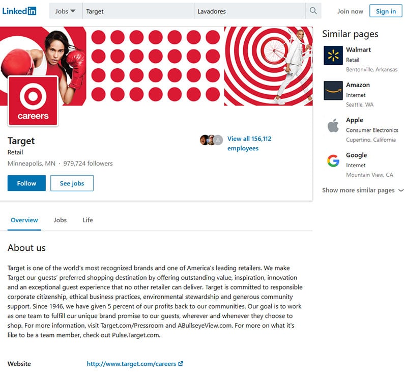 target's linkedin career page screenshot