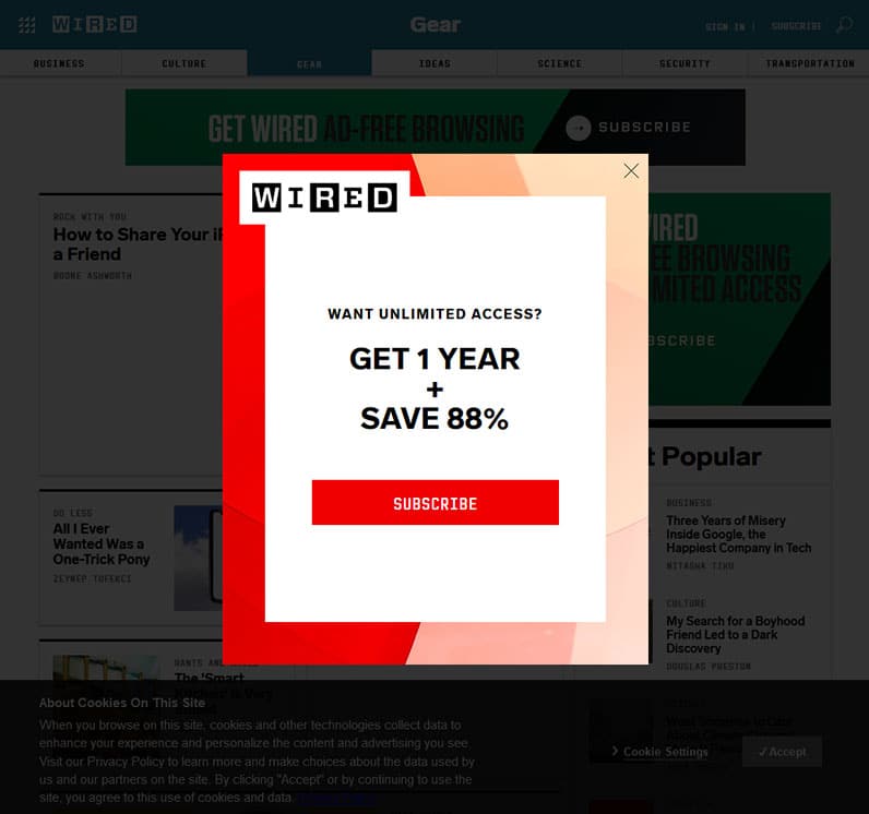 wired access popup ad