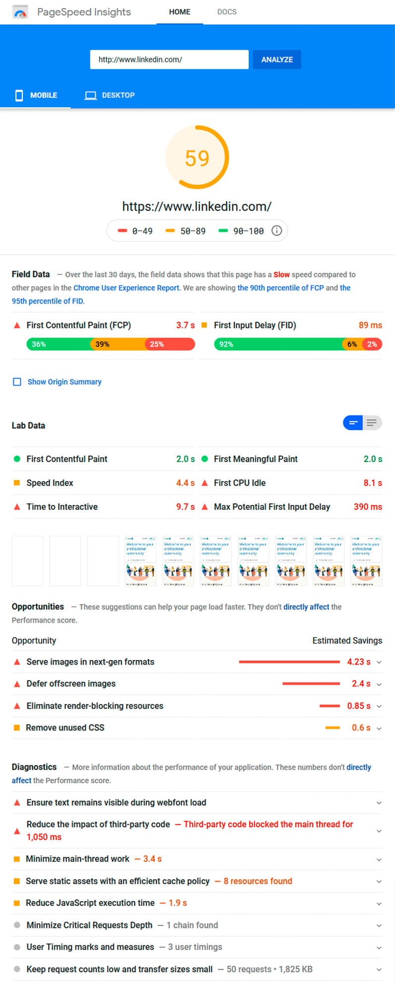 google pagespeed insights screenshot