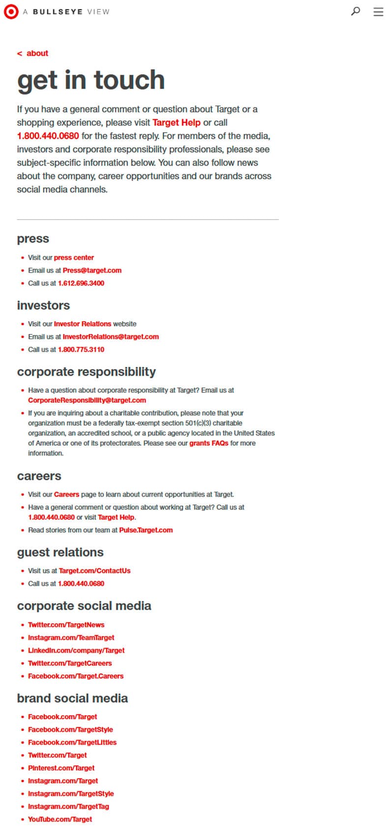 target contact us page screenshot