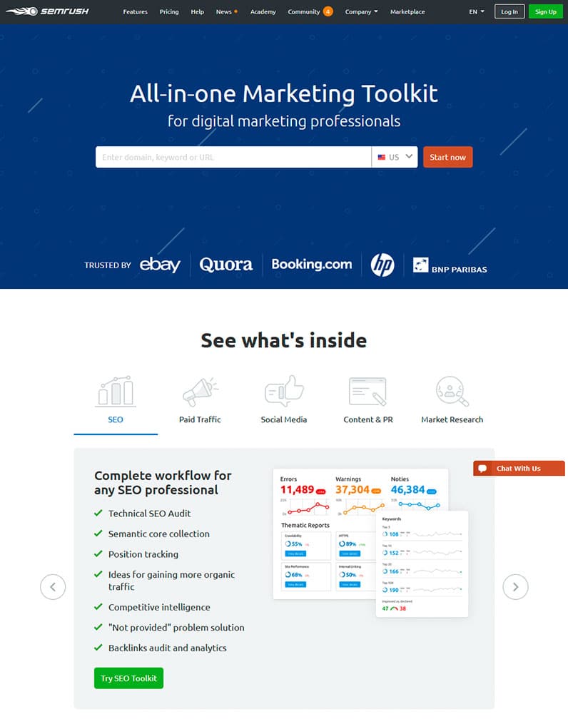 semrush homepage screenshot