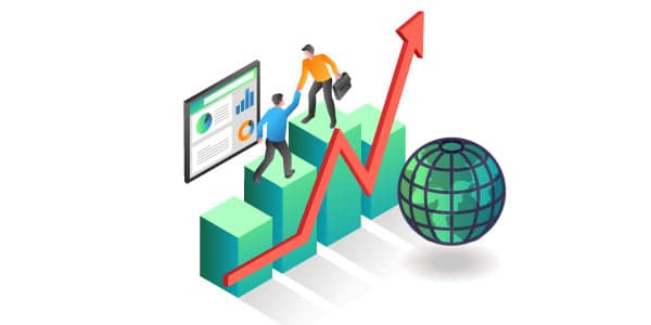 worker helping other chart globe