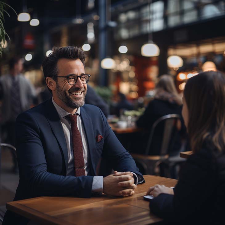 100+ Interview Questions For Product Managers + Answers Evinex Corporation | Staffing Agency smiling-man-suit-cafe-conversation
