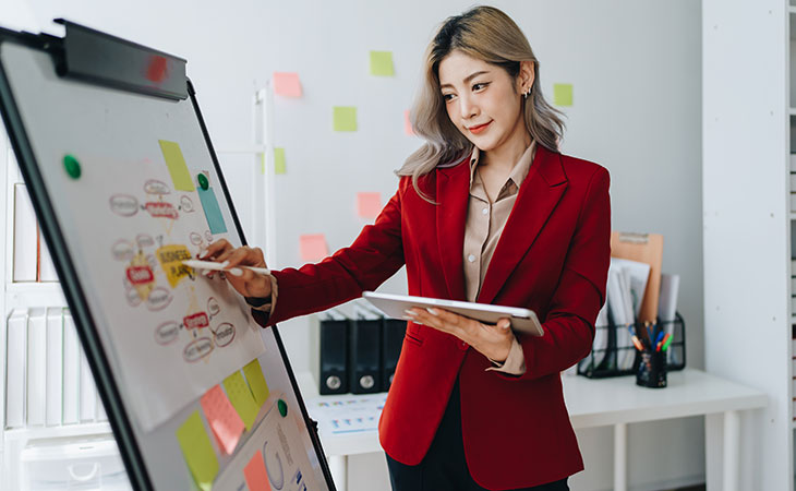 100+ Interview Questions For Product Managers + Answers Evinex Corporation | Staffing Agency woman-pointing-board-post-its