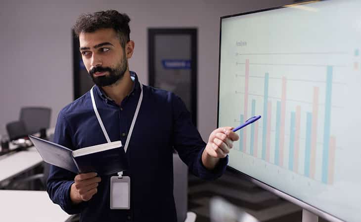 100+ Program Manager Interview Questions To Find Top Talent Evinex Corporation | Staffing Agency man-pointing-data-board