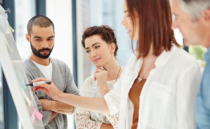 100+ Program Manager Interview Questions To Find Top Talent Evinex Corporation | Staffing Agency woman-explaining-writing-board-coworkers