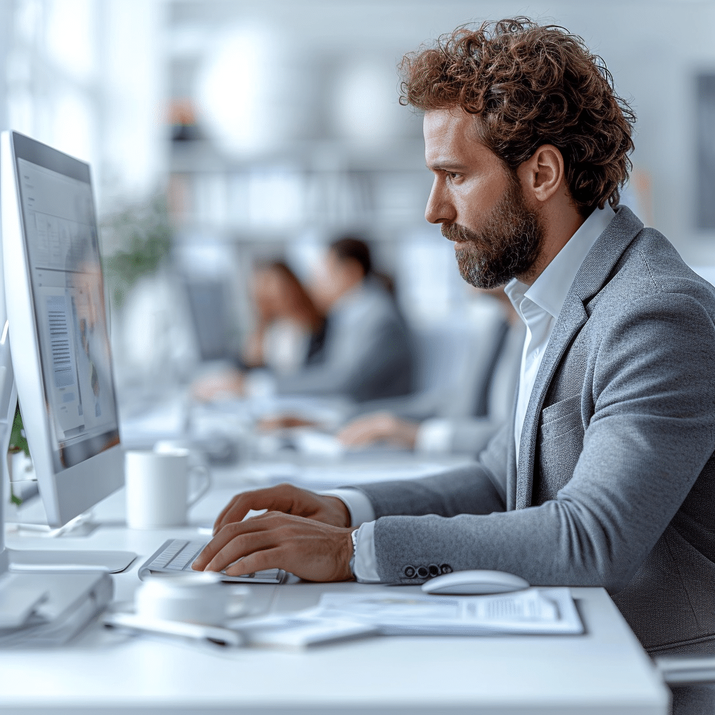 man in a suit looking at a computer in an office