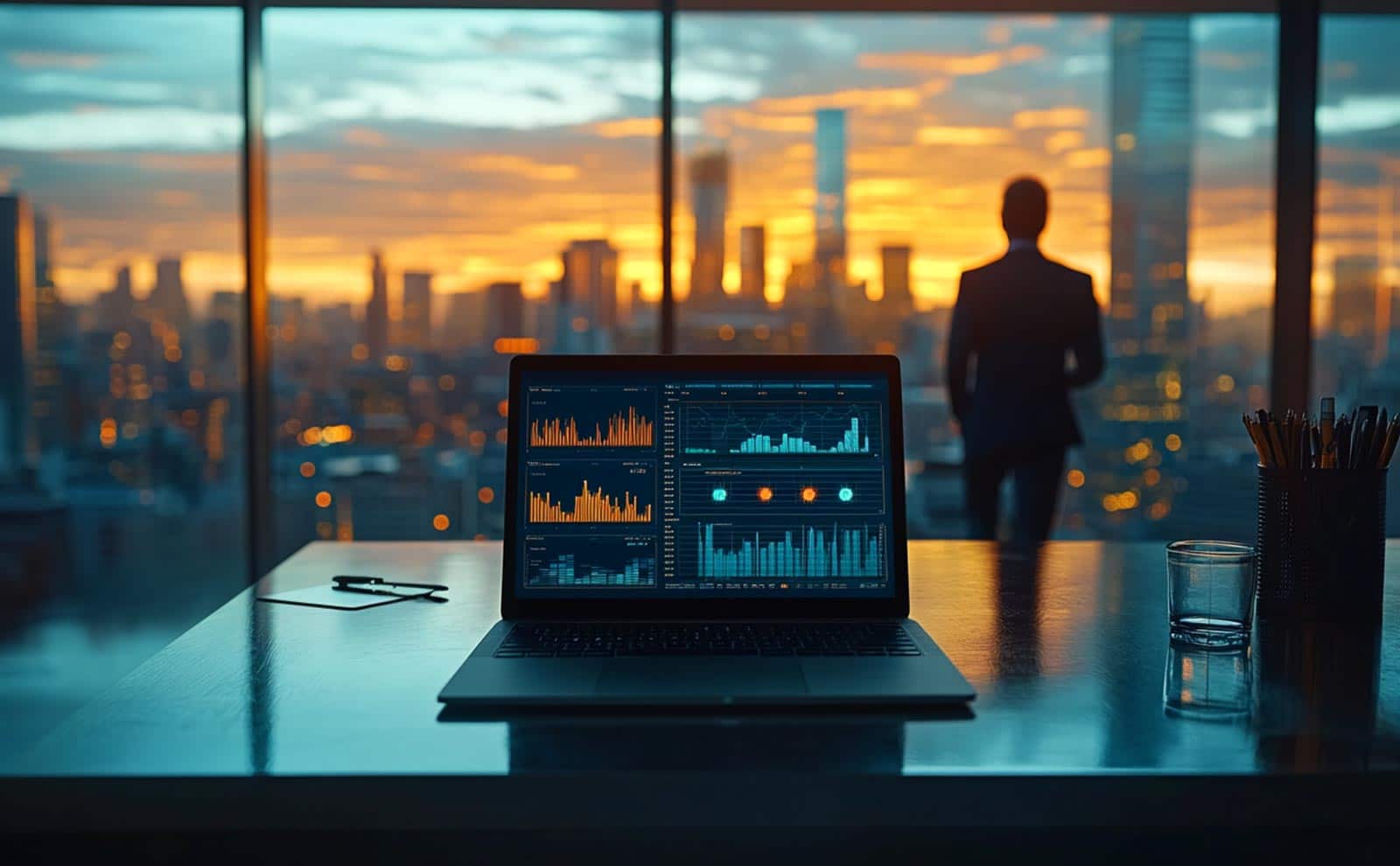 a thoughtful man looking at the skyline through a window and a laptop