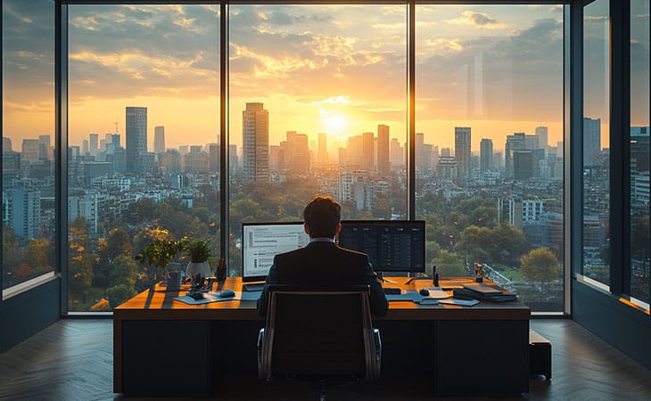 man working at a table with skyline views