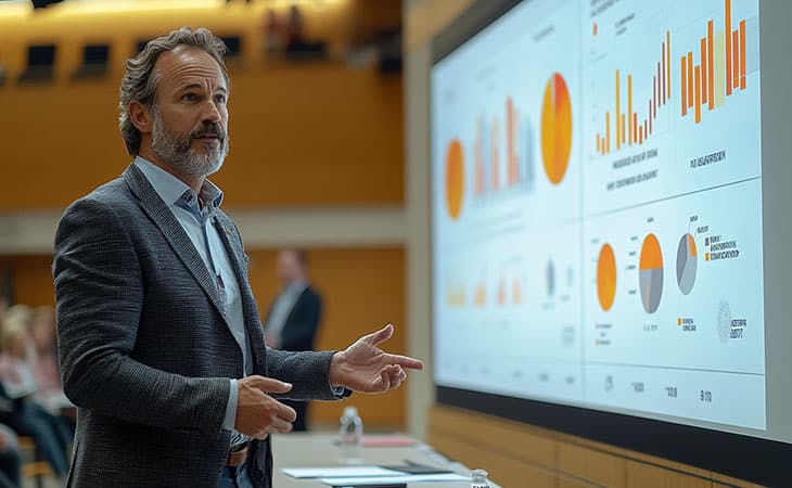 Sales Manager Job Description: Attract And Hire Top Talent Evinex Corporation | Staffing Agency a businessman talking about charts