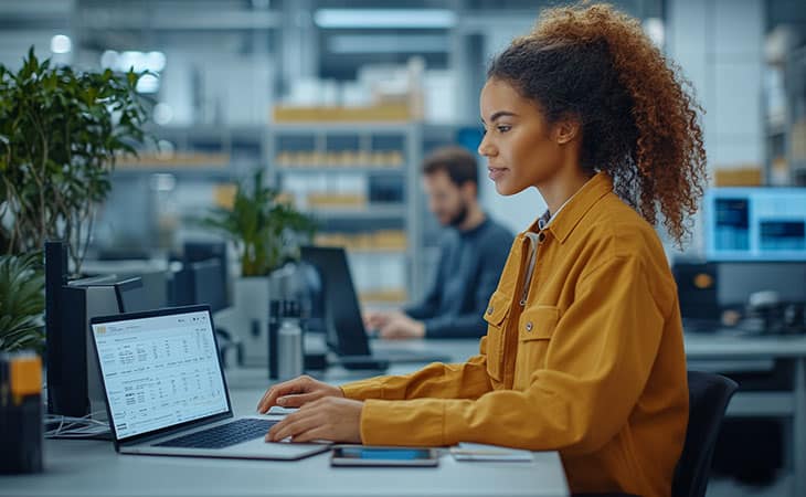 What Is Workforce Management? Key Benefits Evinex Corporation | Staffing Agency a focused woman working with a laptop in an office