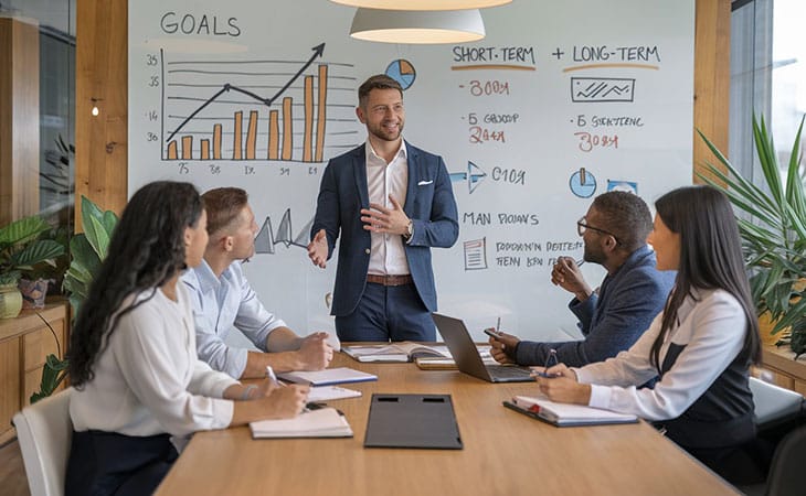 Sales Manager Job Description: Attract And Hire Top Talent Evinex Corporation | Staffing Agency businessman giving a speech to his coworkers