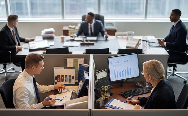 Sales Manager Job Description: Attract And Hire Top Talent Evinex Corporation | Staffing Agency several people in office cubicles
